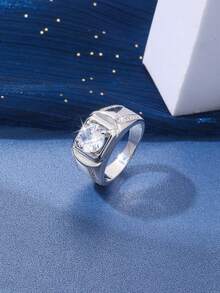 1 件装奢华银色圆形方晶锆石男士戒指经典结婚戒指耀眼男士配饰珠宝 - 戒指 - 查看 2