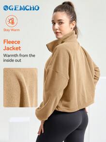 GEMCHO Veste en polaire pour femmes, veste courte zippée intégrale, col montant, manches longues, coupe ample, couleur unie, vêtements de sport courts avec sherpa