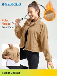 GEMCHO Veste en polaire pour femmes, veste courte zippée intégrale, col montant, manches longues, coupe ample, couleur unie, vêtements de sport courts avec sherpa