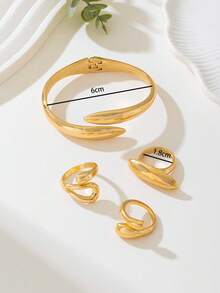 1 bộ vòng tay vàng hình học thời trang cổ điển và bộ nhẫn dày kết hợp, bộ trang sức thời trang và bền bỉ dành cho phụ nữ, thích hợp để đeo hàng ngày, lễ hội, tụ họp xã hội, quà tặng cho các cặp đôi - Vàng - Xem 3