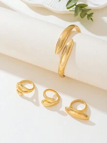 1 bộ vòng tay vàng hình học thời trang cổ điển và bộ nhẫn dày kết hợp, bộ trang sức thời trang và bền bỉ dành cho phụ nữ, thích hợp để đeo hàng ngày, lễ hội, tụ họp xã hội, quà tặng cho các cặp đôi - Vàng - Xem 5