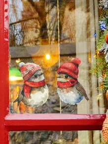 1 件节日圣诞节小鸟窗贴，带圣诞帽和围巾 - 自粘、可移除 PVC 一次性贴纸，用于室内和室外 - 办公室、客厅、卧室、浴室、厨房、庭院、用餐区和其他度假屋装饰，增添节日气氛 - 彩色 - 查看 1