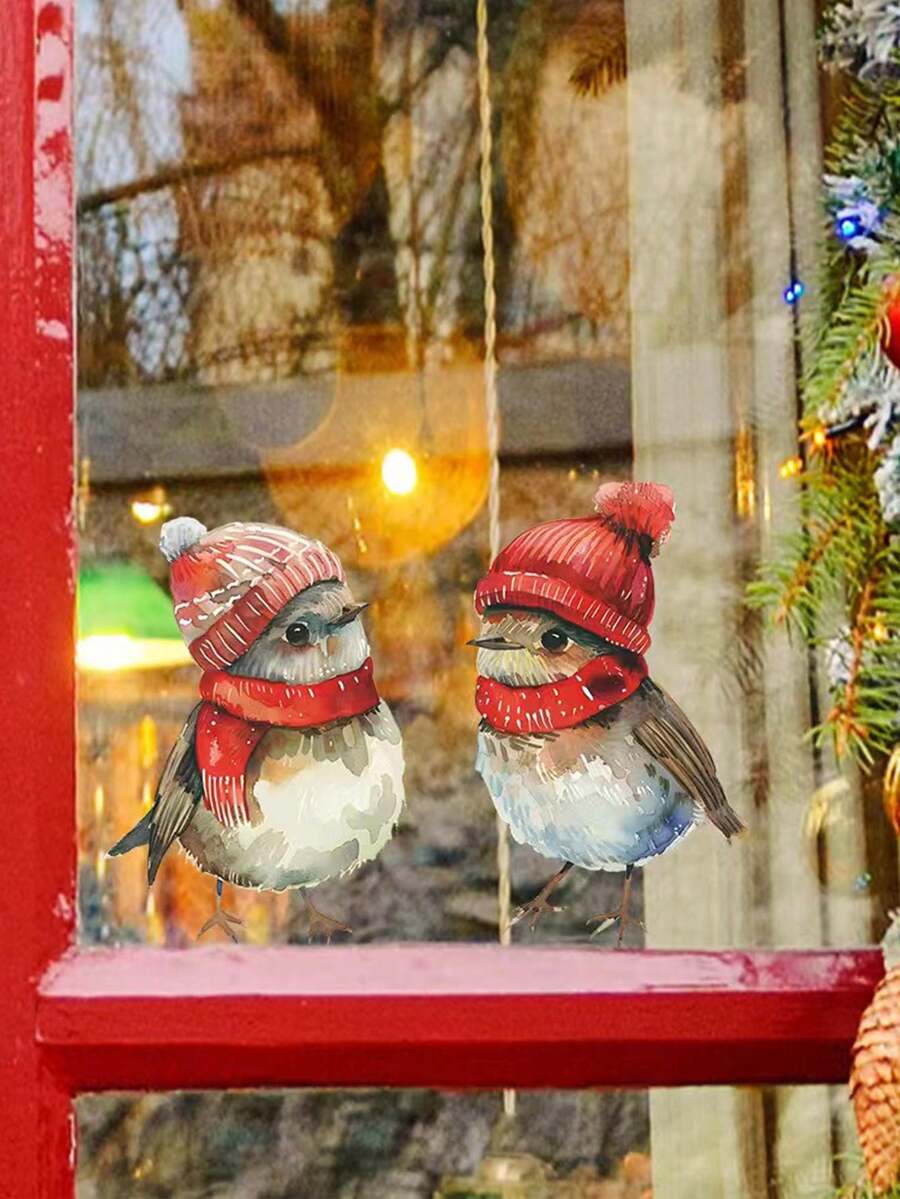 1 件节日圣诞节小鸟窗贴，带圣诞帽和围巾 - 自粘、可移除 PVC 一次性贴纸，用于室内和室外 - 办公室、客厅、卧室、浴室、厨房、庭院、用餐区和其他度假屋装饰，增添节日气氛 - 彩色 - 查看 1