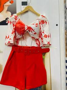 Belala Moda New Set Of One-Size-Fits-All Shirt That Ties At The Back With Elastane And Print, Shorts With Belt And Pocket - 橘色 - 查看 1