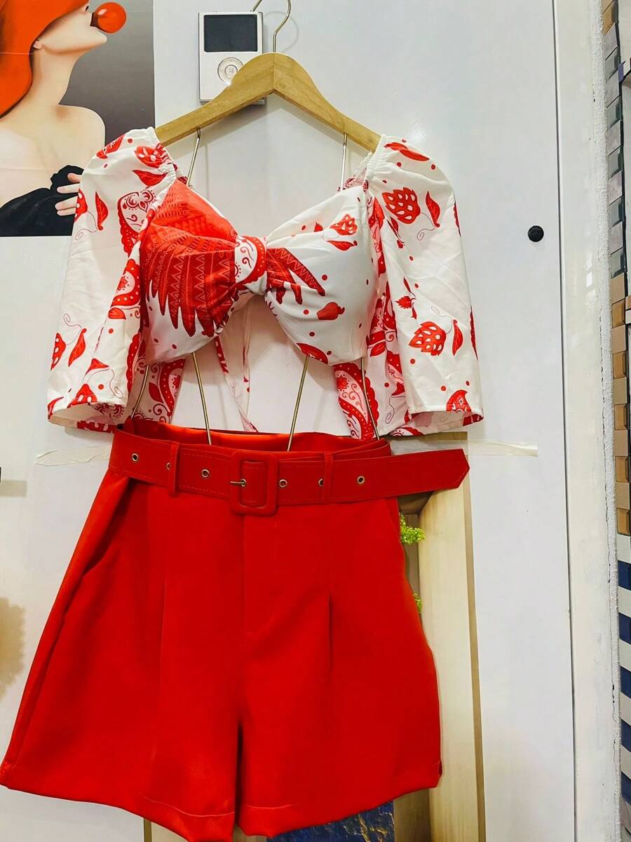 Belala Moda New Set Of One-Size-Fits-All Shirt That Ties At The Back With Elastane And Print, Shorts With Belt And Pocket - 橘色 - 查看 1