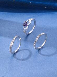 3 Pcs/Set Luxury Purple Crystal Ladies Ring Rhinestone Zirconia For Women Party Wedding Engagement Jewelry - Ring Set - View 2