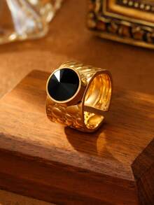 1/7 chiếc nhẫn trang trí bằng thép không gỉ màu vàng thời trang phong cách retro tròn trong suốt lớn có thể điều chỉnh được dành cho nữ phù hợp để đeo hàng ngày hoặc làm quà tặng - Vàng - Xem 14