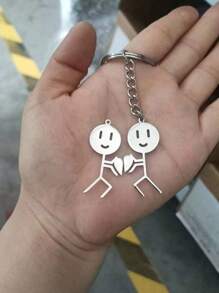 Bộ 2 móc khóa hình trái tim và hình trừu tượng bằng thép không gỉ tông màu bạc thời trang dành cho các cặp đôi, thích hợp sử dụng hàng ngày vào ngày lễ tình nhân - Bạc - Xem 2