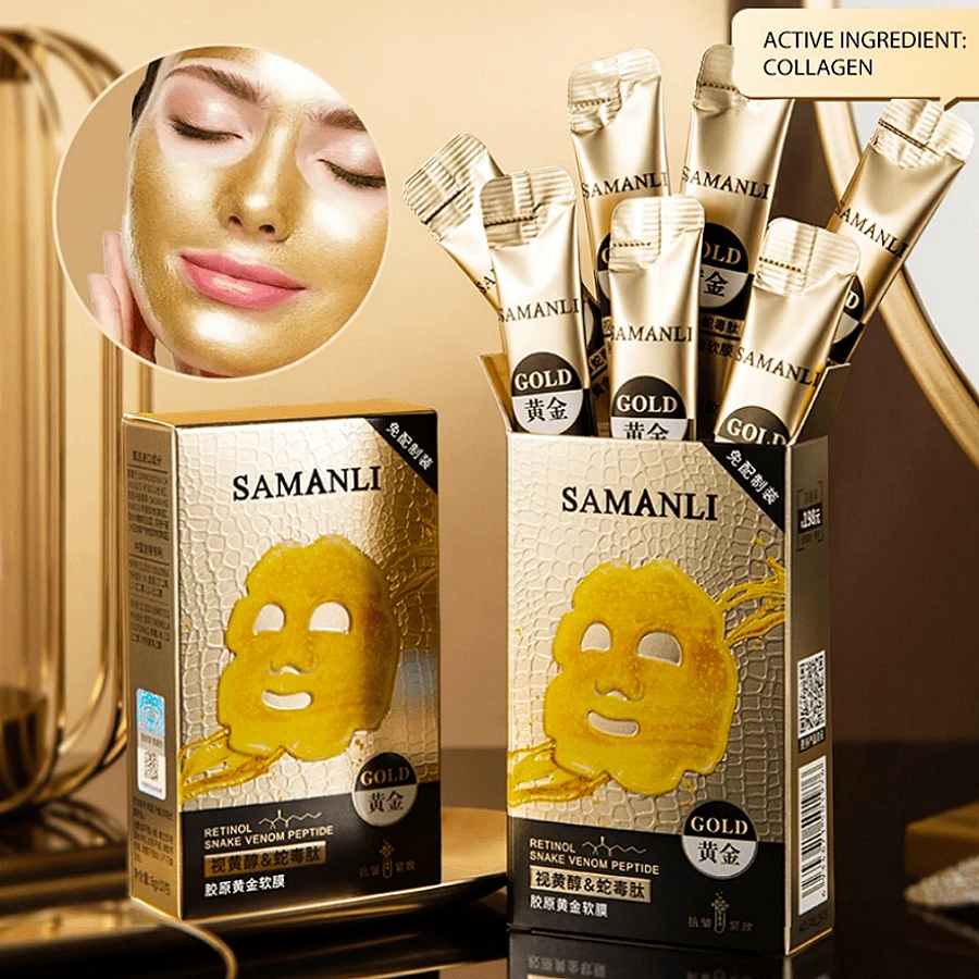 SAMANLI 6g*10片/盒 萨曼莎维生素E蛇肽胶原蛋白金色软面膜 保湿紧致抗皱 - 金色 - 查看 1