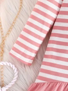 Young Girl Chic Bow Rabbit Embroidered Dress, Pink & White Striped Long Sleeve A-Line Splicing Solid Skirt, Versatile For Home & Outdoor Wear - Dusty Pink - View 4