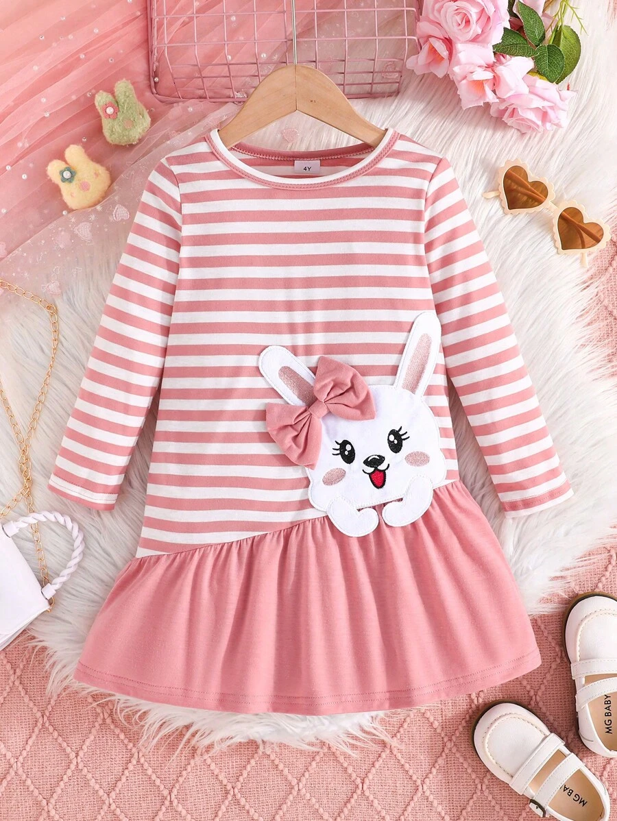 Young Girl Chic Bow Rabbit Embroidered Dress, Pink & White Striped Long Sleeve A-Line Splicing Solid Skirt, Versatile For Home & Outdoor Wear - Dusty Pink - View 1