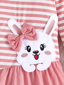 Young Girl Chic Bow Rabbit Embroidered Dress, Pink & White Striped Long Sleeve A-Line Splicing Solid Skirt, Versatile For Home & Outdoor Wear - Dusty Pink - View 5
