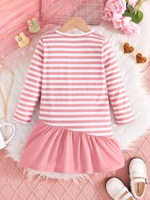 Young Girl Chic Bow Rabbit Embroidered Dress, Pink & White Striped Long Sleeve A-Line Splicing Solid Skirt, Versatile For Home & Outdoor Wear - Dusty Pink - View 2