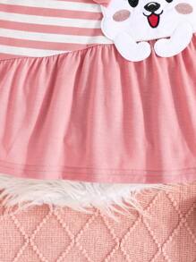Young Girl Chic Bow Rabbit Embroidered Dress, Pink & White Striped Long Sleeve A-Line Splicing Solid Skirt, Versatile For Home & Outdoor Wear - Dusty Pink - View 6