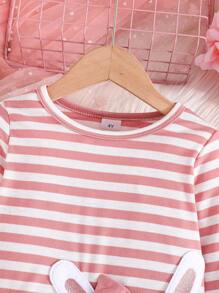 Young Girl Chic Bow Rabbit Embroidered Dress, Pink & White Striped Long Sleeve A-Line Splicing Solid Skirt, Versatile For Home & Outdoor Wear - Dusty Pink - View 3