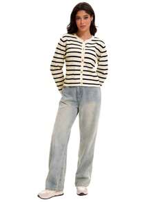 Women's Striped Cardigan Sweater Long Sleeve Button Down Crew Neck Cardigans - 杏黑 - 查看 6