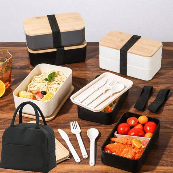EYSENC Double Lunch Box With Tableware Portable Leakproof Wooden Picnic Box Outdoor Wooden Lunch Box, Microwave Lunch Box Canteen Box- Japanese Style Bento Box, Large Capacity Single Layer Double-Layer Lunch Box, Knife Fork Spoon Bamboo Lid Bento Box Student Office Office Portable Lunch Box For Office Workers, Perfect For School, Fishing & Camping Christmas Gift