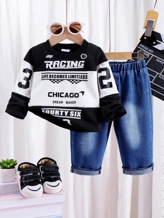 2 件装“Baby Boy”字母印花撞色长袖上衣和直腿牛仔裤套装