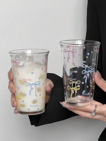 1 كوب حليب/قهوة فريد من نوعه جميل مزين بنقاط ونسيج الفيونكة، أدوات زجاجية للإفطار والمشروبات الفوارة، عودة إلى المدرسة