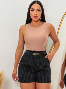 Tailored Pinstripe Shorts With Thin Belt Casual Fashion - 黑色 - 查看 2