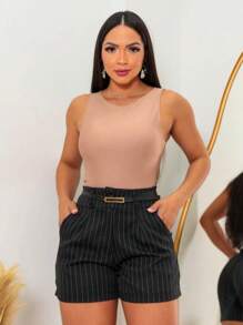 Tailored Pinstripe Shorts With Thin Belt Casual Fashion - 黑色 - 查看 1