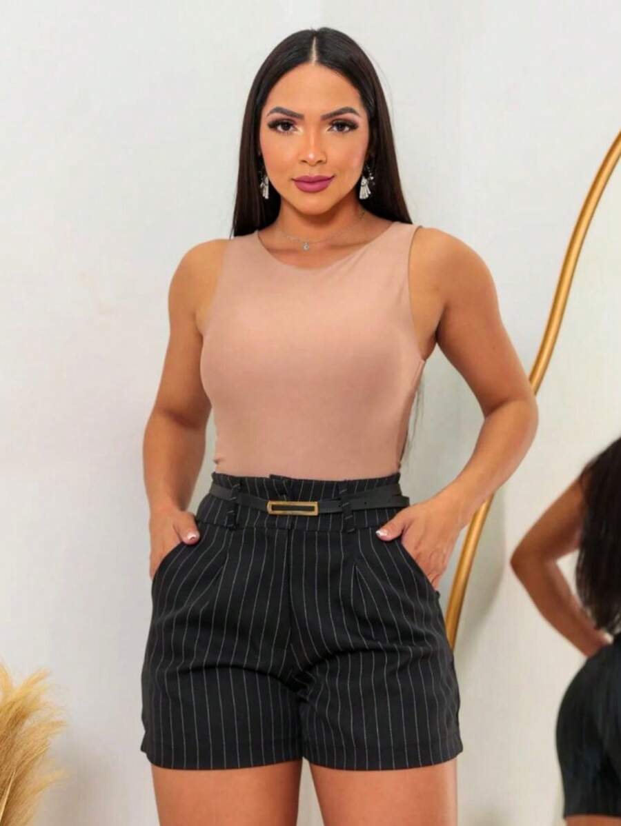 Tailored Pinstripe Shorts With Thin Belt Casual Fashion - 黑色 - 查看 1