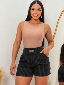 Tailored Pinstripe Shorts With Thin Belt Casual Fashion - 黑色 - 查看 3