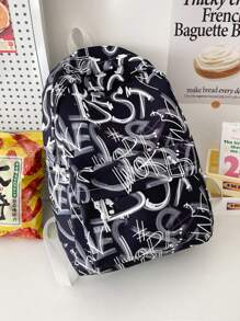 1 chiếc Balo Nylon In Chữ, Túi Đi Học Thường Ngày Dùng Hàng Ngày - màu đen - Xem 1