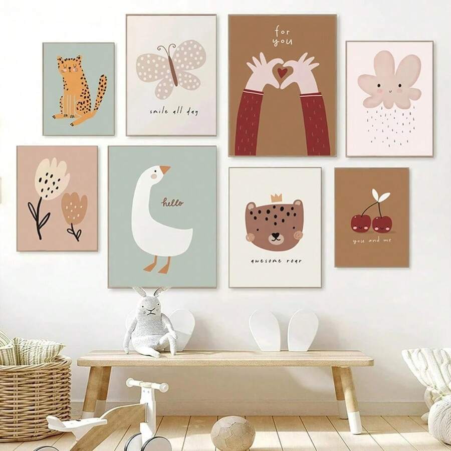 1 件婴儿可爱鹅豹熊樱桃蝴蝶墙壁艺术海报北欧帆布画和版画墙壁画儿童房装饰无框架 - 彩色 - 查看 1