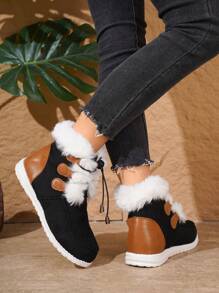 冬季新款保暖时尚棕色长款毛绒厚底一脚蹬女式雪地靴，毛绒内衬黑色休闲户外学生鞋，轻便百搭女士运动鞋 - 黑色 - 查看 4