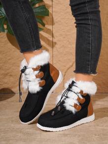 冬季新款保暖时尚棕色长款毛绒厚底一脚蹬女式雪地靴，毛绒内衬黑色休闲户外学生鞋，轻便百搭女士运动鞋 - 黑色 - 查看 3