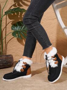 冬季新款保暖时尚棕色长款毛绒厚底一脚蹬女式雪地靴，毛绒内衬黑色休闲户外学生鞋，轻便百搭女士运动鞋 - 黑色 - 查看 5