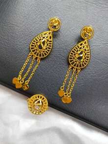 Bộ trang sức dài tua rua mạ vàng thời trang dành cho nữ gồm 4 chiếc, hoa tai, vòng tay và nhẫn, phù hợp với cô dâu Châu Âu, Dubai, Châu Phi, đám cưới, tiệc tùng, Halloween, Lễ tạ ơn, Giáng sinh - Vàng - Xem 4