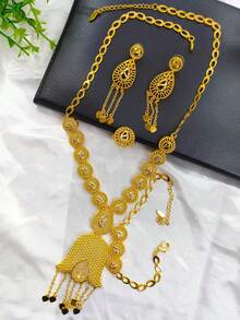 Bộ trang sức dài tua rua mạ vàng thời trang dành cho nữ gồm 4 chiếc, hoa tai, vòng tay và nhẫn, phù hợp với cô dâu Châu Âu, Dubai, Châu Phi, đám cưới, tiệc tùng, Halloween, Lễ tạ ơn, Giáng sinh - Vàng - Xem 2