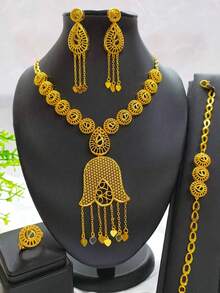 Bộ trang sức dài tua rua mạ vàng thời trang dành cho nữ gồm 4 chiếc, hoa tai, vòng tay và nhẫn, phù hợp với cô dâu Châu Âu, Dubai, Châu Phi, đám cưới, tiệc tùng, Halloween, Lễ tạ ơn, Giáng sinh - Vàng - Xem 1