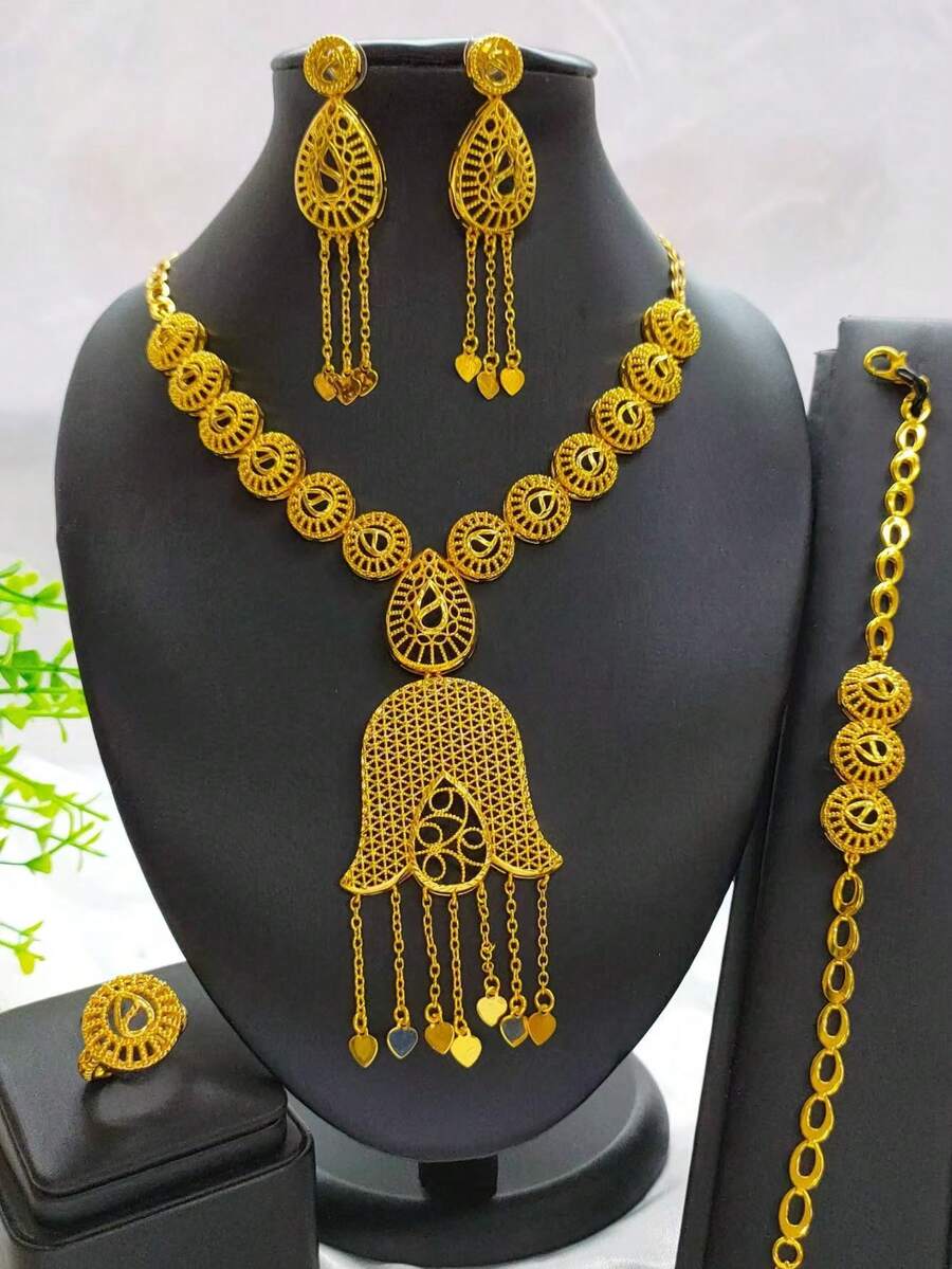 Bộ trang sức dài tua rua mạ vàng thời trang dành cho nữ gồm 4 chiếc, hoa tai, vòng tay và nhẫn, phù hợp với cô dâu Châu Âu, Dubai, Châu Phi, đám cưới, tiệc tùng, Halloween, Lễ tạ ơn, Giáng sinh - Vàng - Xem 1