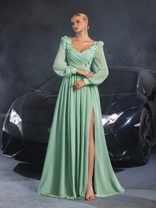 Faeriesty Đầm dạ hội cổ tim tay lỡ thanh lịch dành cho nữ với họa tiết thêu hoa - Màu xanh Bạc hà - Xem 6