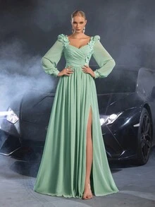 Faeriesty Đầm dạ hội cổ tim tay lỡ thanh lịch dành cho nữ với họa tiết thêu hoa - Màu xanh Bạc hà - Xem 7