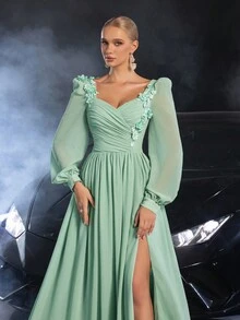 Faeriesty Đầm dạ hội cổ tim tay lỡ thanh lịch dành cho nữ với họa tiết thêu hoa - Màu xanh Bạc hà - Xem 9