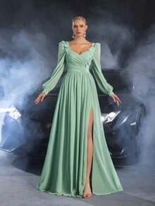 Faeriesty Đầm dạ hội cổ tim tay lỡ thanh lịch dành cho nữ với họa tiết thêu hoa - Màu xanh Bạc hà - Xem 8