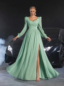 Faeriesty Đầm dạ hội cổ tim tay lỡ thanh lịch dành cho nữ với họa tiết thêu hoa - Màu xanh Bạc hà - Xem 4