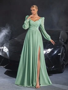 Faeriesty Đầm dạ hội cổ tim tay lỡ thanh lịch dành cho nữ với họa tiết thêu hoa - Màu xanh Bạc hà - Xem 5