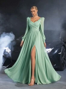 Faeriesty Đầm dạ hội cổ tim tay lỡ thanh lịch dành cho nữ với họa tiết thêu hoa - Màu xanh Bạc hà - Xem 2