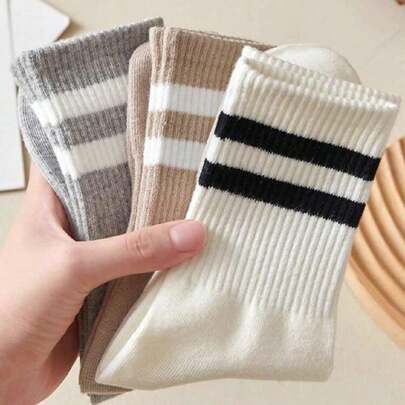 50pcs/40pcs/32pcs Men & Women Striped Thick Mid-Calf Socks, Comfortable Business Casual Long Tube Socks. Shark Style, Soft, Breathable, Suitable For Sports, Autumn/Winter, Warm, Mother's Day Gift. 24pcs/20pcs/18pcs/12pcs/6pcs/4pcs/2pcs Available