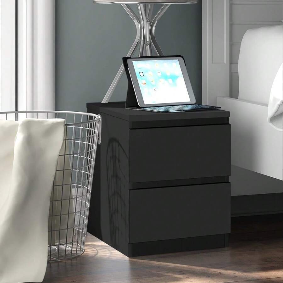 Sleek Wooden 2-Drawer Nightstand For Bedrooms - Bedside End Table Organizer With Black Finish, Dimensions: 17.72" X 13.78" X 18.51" - 黑色 - 查看 1