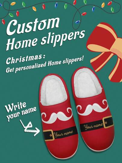 Men's Custom Name Christmas Slippers, Santa Claus Designed Lightweight Comfortable Soft Bottom Slippers For Man, Personalized Fun Christmas Gift For Mom/Dad/Her/Him/Girlfriend/Boyfriend/Wife/Husband/Friend