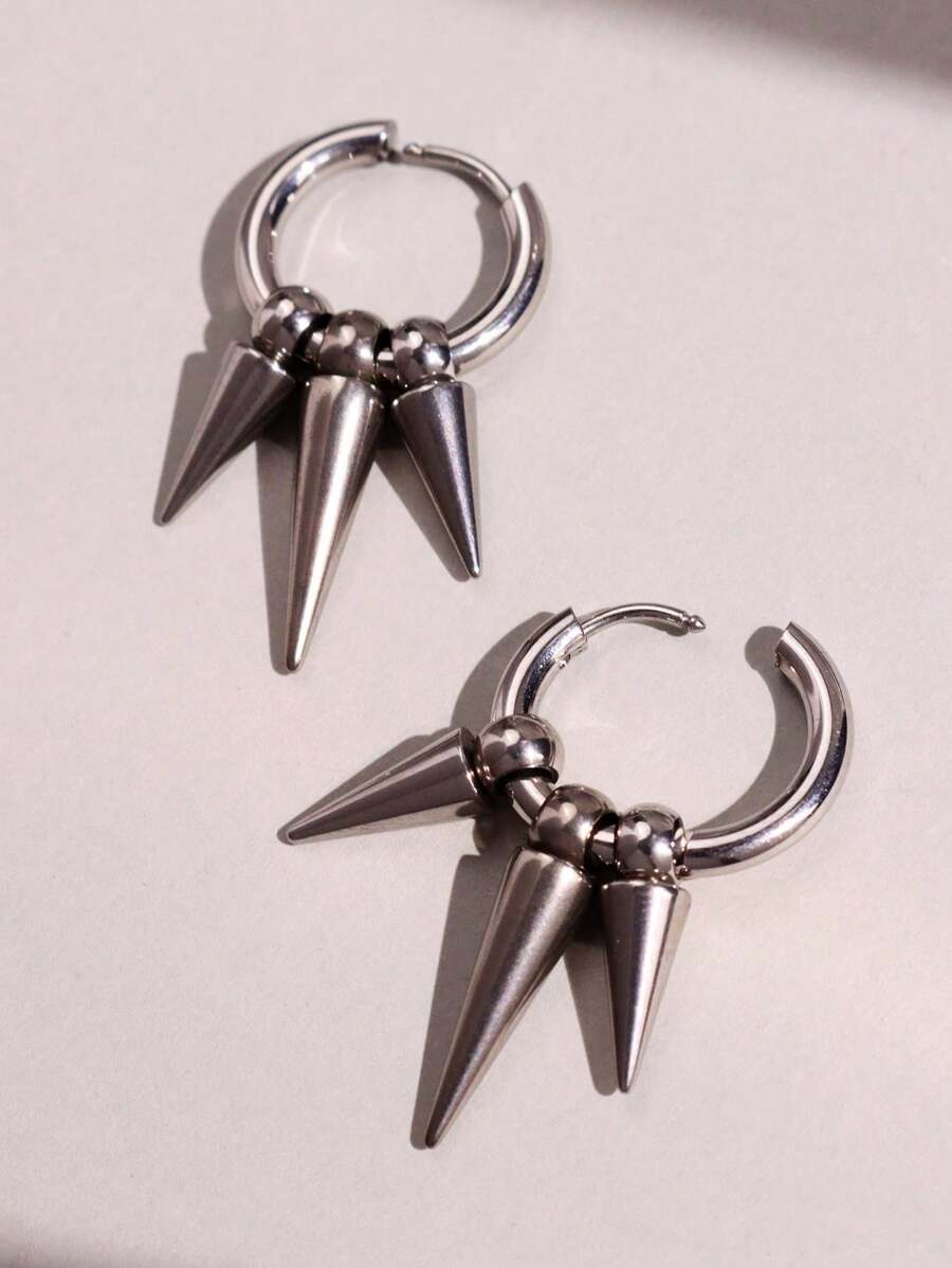 1 Pair Unisex Punk Gothic Hip Hop Multi Spike Huggie Hoop Earrings, Daily Wear And Party Jewelry - Silver - View 1