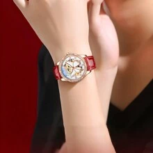 FENSIR 1 Stück Damen Echte Cut Out Strass Automatik Mechanische Uhr, modischer minimalistischer leuchtender wasserdichter Lederarmband, geeignet für tägliche Outfits