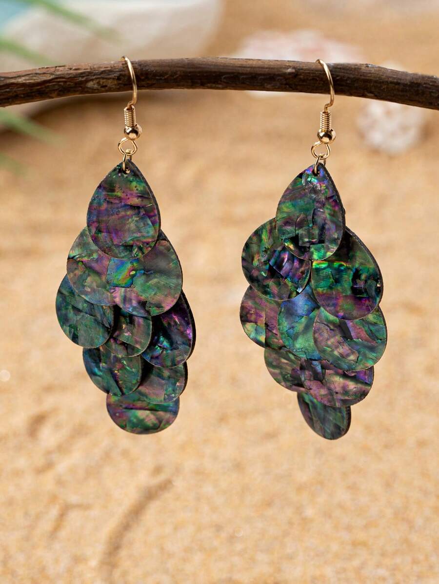 1 对 1.3x1.8 厘米高 8.5 厘米彩虹色鲍鱼壳水滴美人鱼鳞片夸张大吊坠耳环 - 紫綠色 - 查看 1