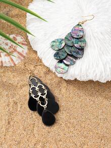 1 对 1.3x1.8 厘米高 8.5 厘米彩虹色鲍鱼壳水滴美人鱼鳞片夸张大吊坠耳环 - 紫綠色 - 查看 2